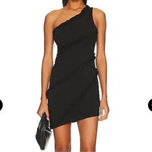 NWT MORE TO COME Camila One Shoulder Dress black mini ruffle trim Revolve M
